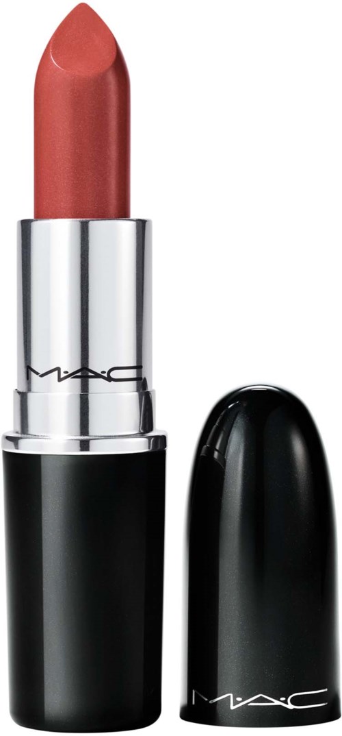 A lipstick with a coral color, silver tube, black cap, and MAC logo.