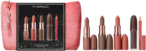 Sæt af læbestift og læbepenneprodukter med en rosa carry case, nogle læbestifter og penne er swatched og vist.