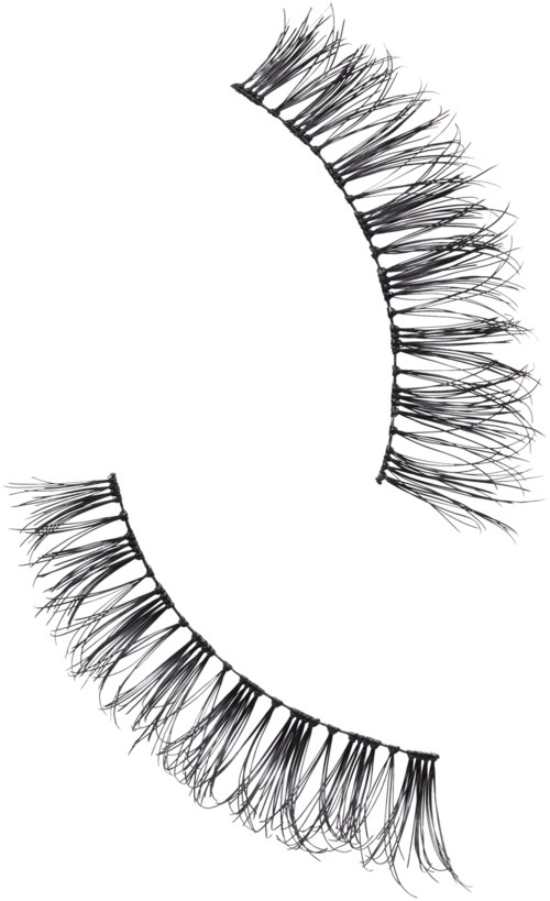 Zwei Sätze falscher Wimpern sind gezeigt, gewölbt nach oben und nach unten, mit langen schwarzen Wimpern.