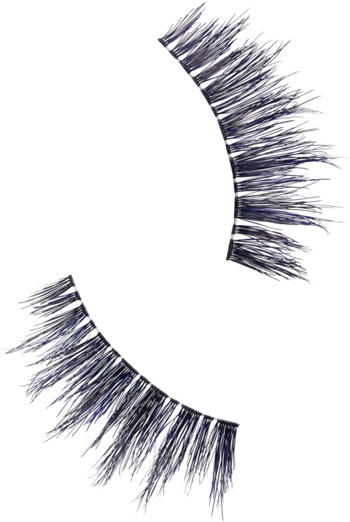 Falsche Wimpern sind gezeigt, gebogen mit langen, dicken schwarzen Fasern.