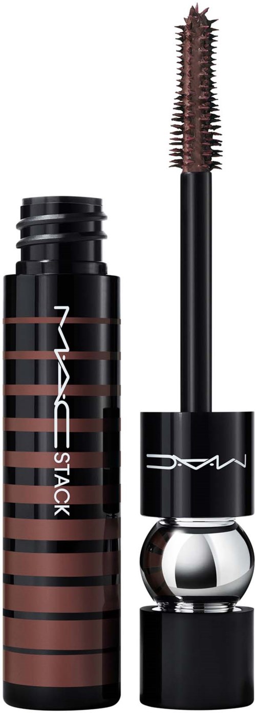 Een zwart en bruin MAC-mascara met een spons die de mascara-kwast toont.