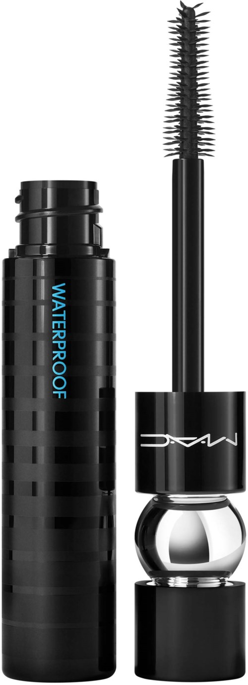 Waterproof mascara in black with a cylindrical tube and a spoolie brush applicator.