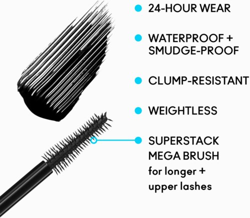 Text explaining mascara features: 24-hour wear, waterproof and smudge-proof, clump-resistant, weightless. Includes superstack mega brush for longer upper lashes.