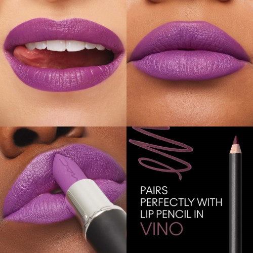 Nærbillede af fire billeder, der viser lilla læbestift på læber, med lip pencil, og tekst om perfekte læbepar.