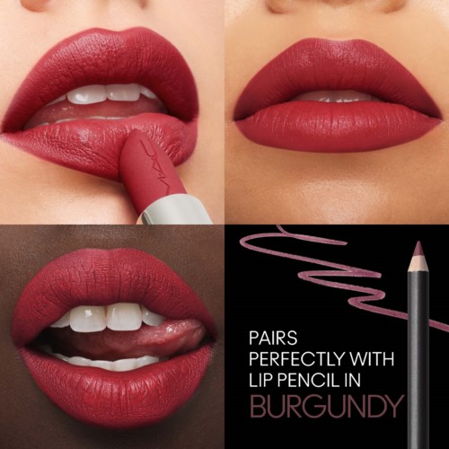 Drei Bilder zeigen Lippen mit burgunderfarbenem Lippenstift, eines mit Lippen, die an einem Lippenstift beißen, und ein Text mit einem Lippenstift.