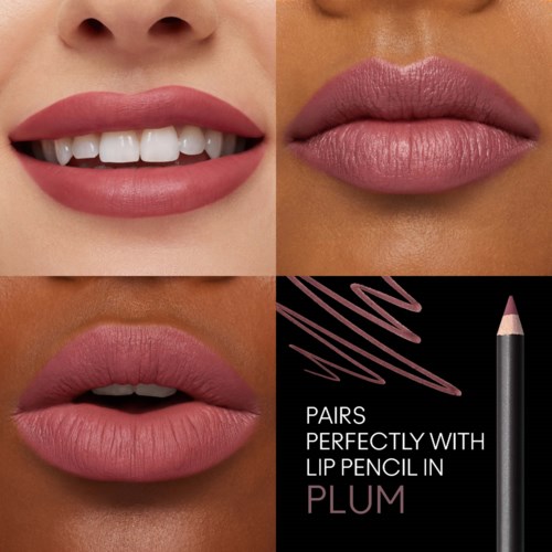 Four images show different lip looks, from natural to bold, and a lip pencil with the text about matching.