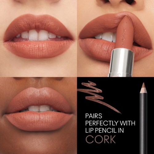 Lip makeup with a lipstick and lip pencil in a cork color. Lips are full and well-shaped.