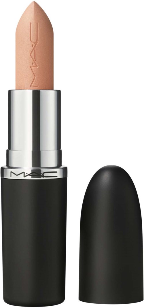 Beżowa szminka z czarną nakrętką, srebrnym paskiem i widocznym logo MAC.