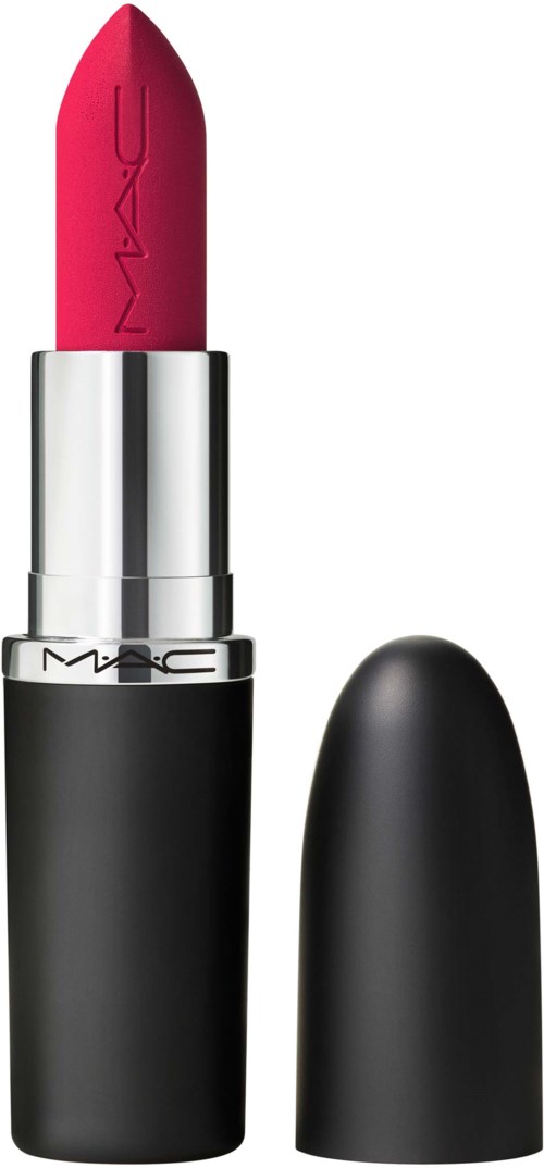 A bright pink lipstick in a silver and black tube, with the cap off showing the lipstick.