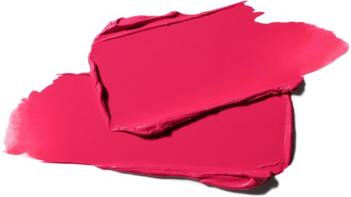 Two smudges of pink lipstick or paint with a glossy finish on a black background.