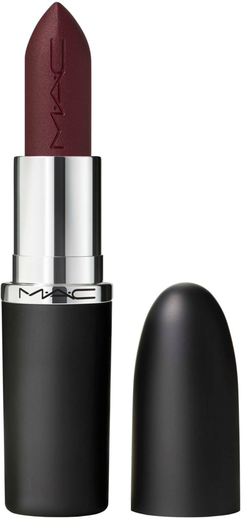 A dark red lipstick in a black and silver tube with the lid off.