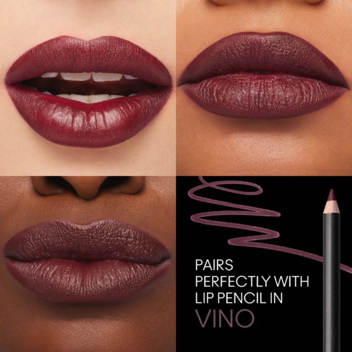 Four sets of lips with dark wine-colored lipstick and a diagram showing a lip pencil matching the shade.