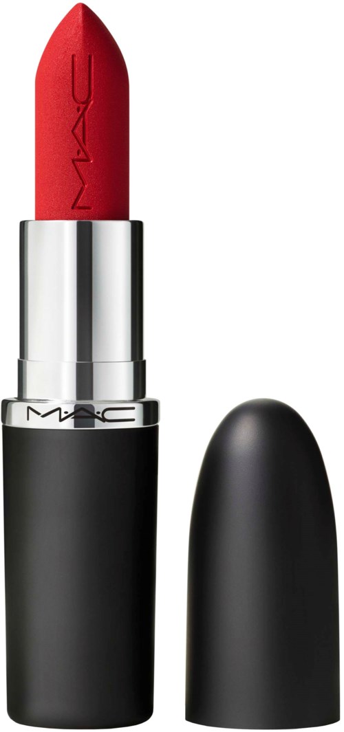 Czerw lipstick od MAC bez nakrętki, ukazujący szminkę i logo na srebrnym pasku.