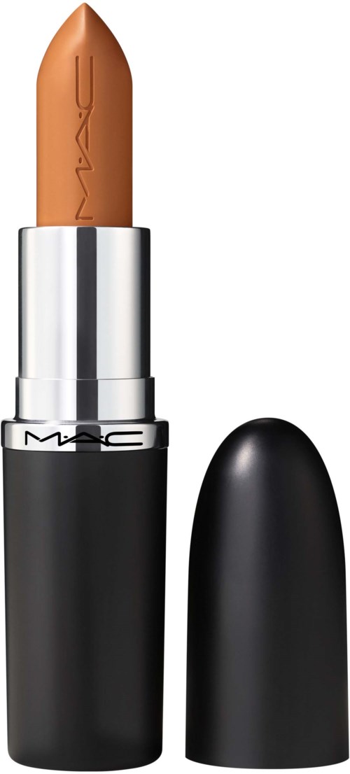 En nude leppestift med svart lokk ved siden av, viser merket MAC på den sølvfargede delen.