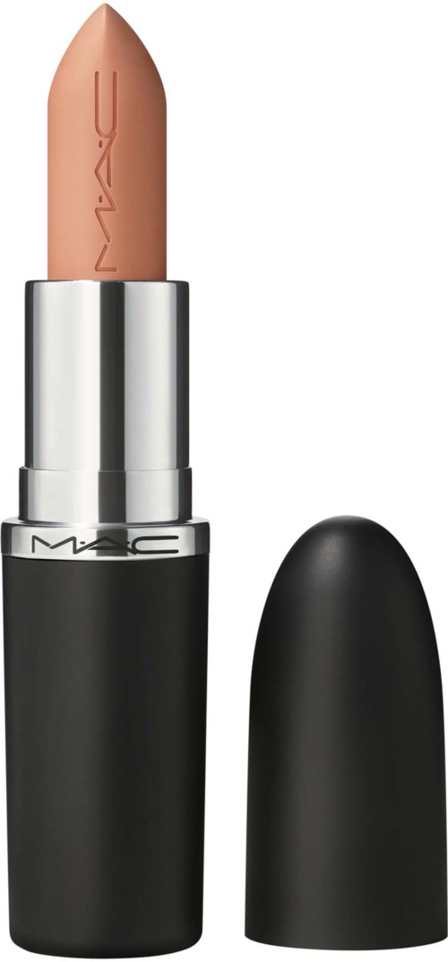 Een beige lipstick in een zwart en zilverkleurige huls met het deksel verwijderd, toont het merk MAC.
