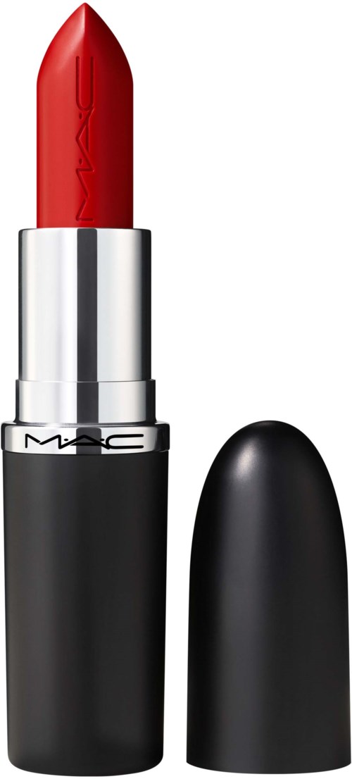 A red lipstick in a black tube with a silver band, and the cap is removed to show the lipstick.