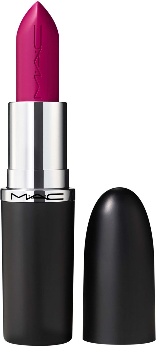 Een felroze lipstick in een zwart-zilveren huls, zonder deksel.