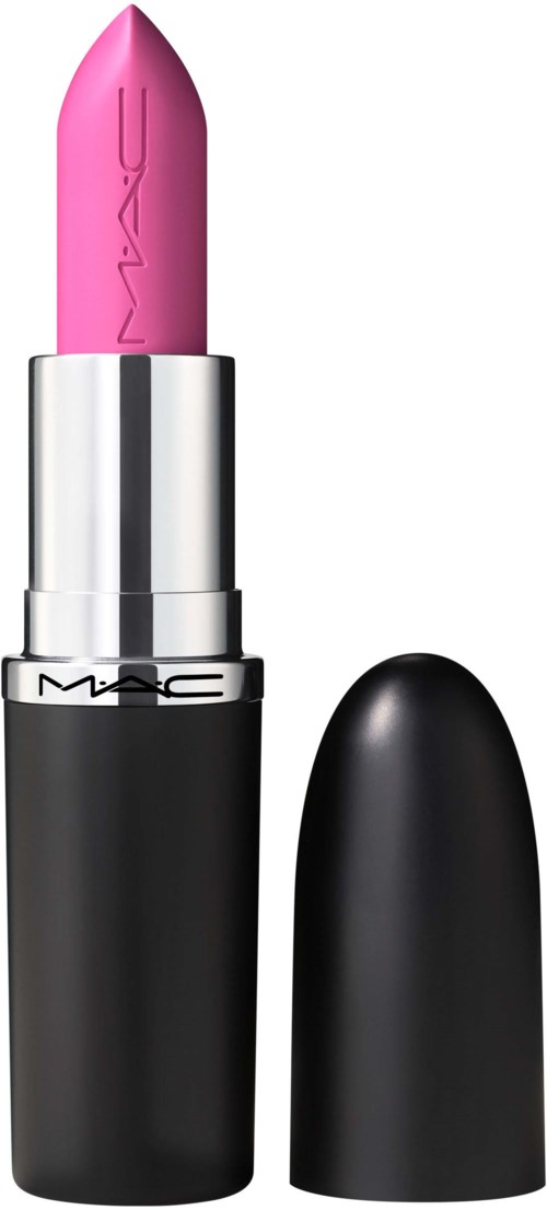 Roze lippenstift in een zwart en zilveren houder, dop is verwijderd en ligt apart.