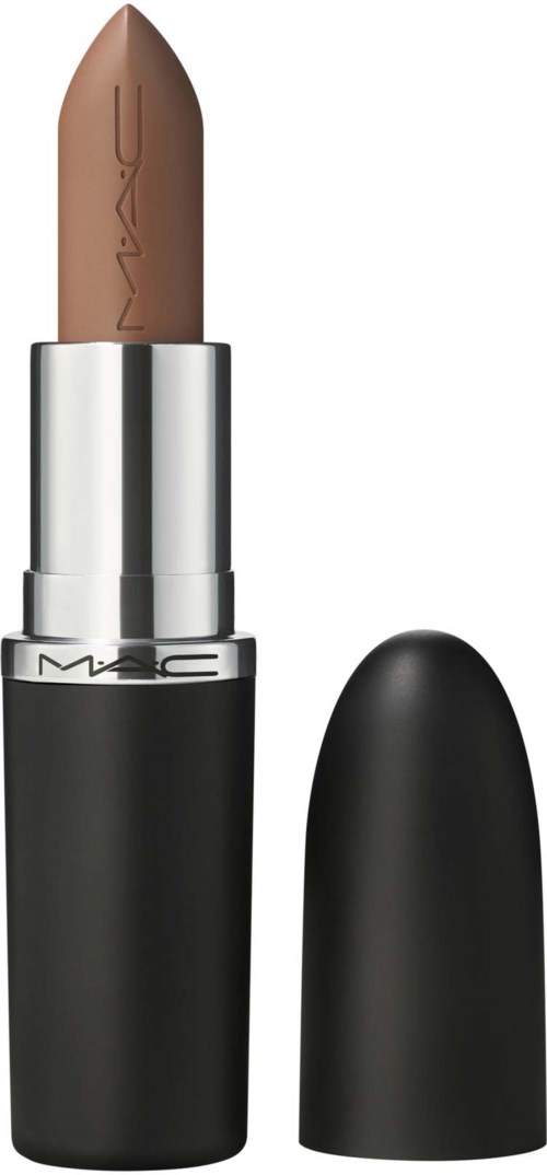 A beige lipstick in a black and silver tube, with the cap removed, showing the brand MAC.