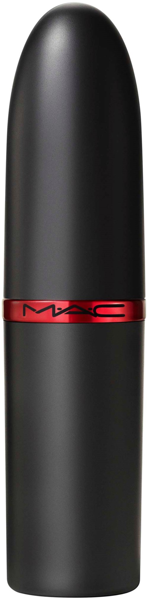 Ein schwarzer Lippenstift mit rotem Band und MAC-Logo, steht auf einem schwarzen Hintergrund.