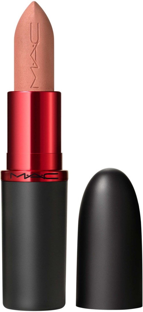 Nudet LM wie Lippenstift in schwarzer Tube mit abgelegtem Deckel, MAC Logo geprägt auf Lippenstift.