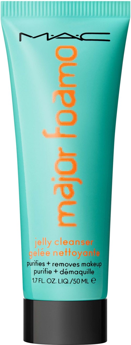 Turquoise tube gemerkt 'MAC major foiamo' met zwart deksel, ontworpen voor reinigen en makeup verwijderen.