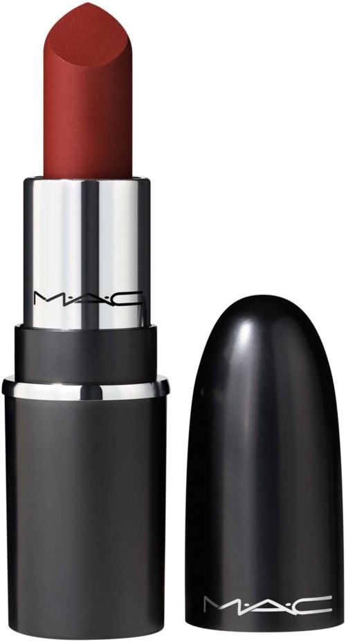 Een rode lippenstift in een zwart en zilveren huls met de dop verwijderd, toont de lippenstift.