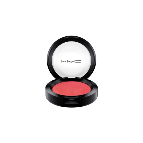 A round makeup blush with a black case and the MAC logo on the lid, containing pink-pigmented powder.