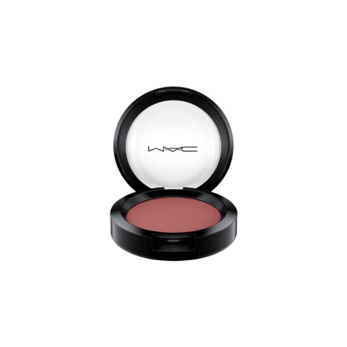 A round black container with pink blush inside and a clear lid that has 'M·A·C' on it.