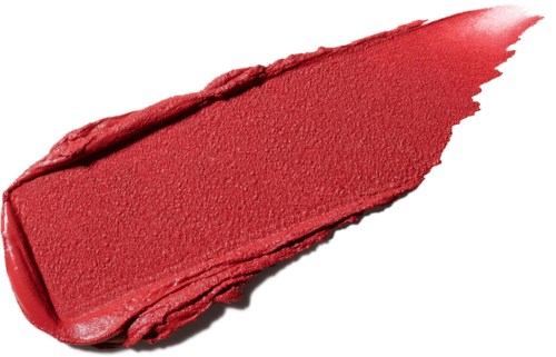 Een dikke, schuine streek van rode lippenstift op een witte achtergrond.