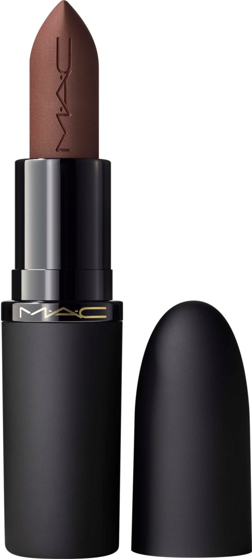 Een lippenstift met zwarte houder, de deksel is eraf, met bruine lipstick met tekst.