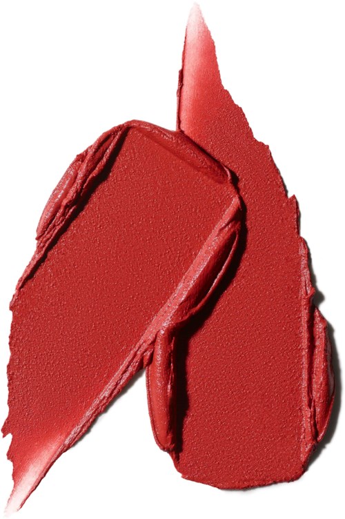 Een rode lippenstiftstreek met een puntige top en gestructureerd oppervlak.