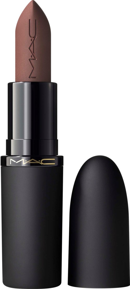 Een bruin lippenstift in een zwart omhulsel, met het deksel ernaast.