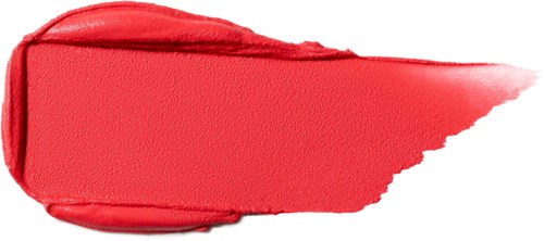 Rode lippenstiftstreek op witte achtergrond, dik en getextureerd, met een lichte kromming.