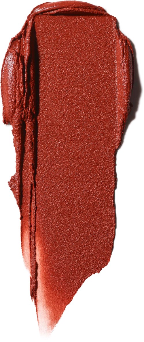 Een stukje rode lippenstift met romige textuur en strakke randen.