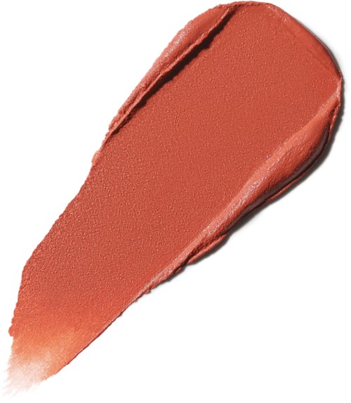 Een teststaafje van een perzikkleurige lippenstift met een gladde textuur en een lichte glans.