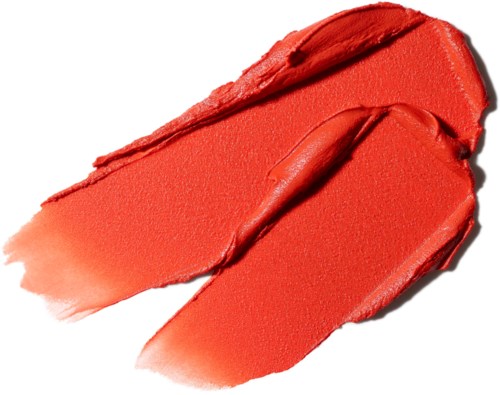 Twee streken oranje-rode lippenstift op witte achtergrond, met zichtbare textuur en romige afwerking.