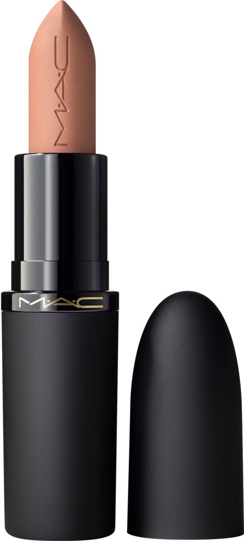 Een beige lippenstift in een zwart hulsel met afneembare deksel. Het merk 'M·A·C' is zichtbaar.