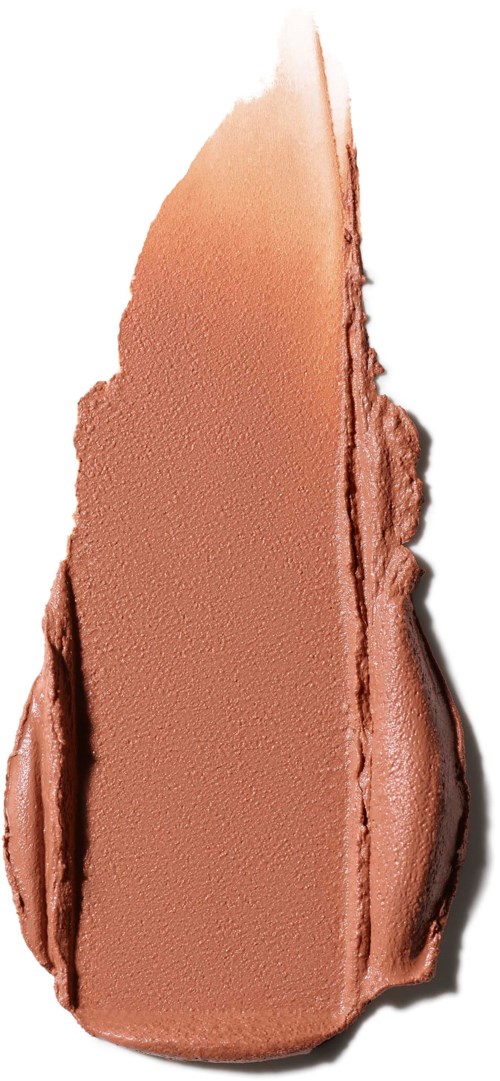 Een verticale strook beige make-up met donkere randen op een witte achtergrond.