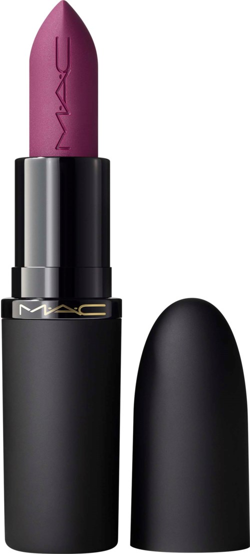 Een roze lippenstift in een zwarte huls met deksel eraf, MAC merk op de huls.