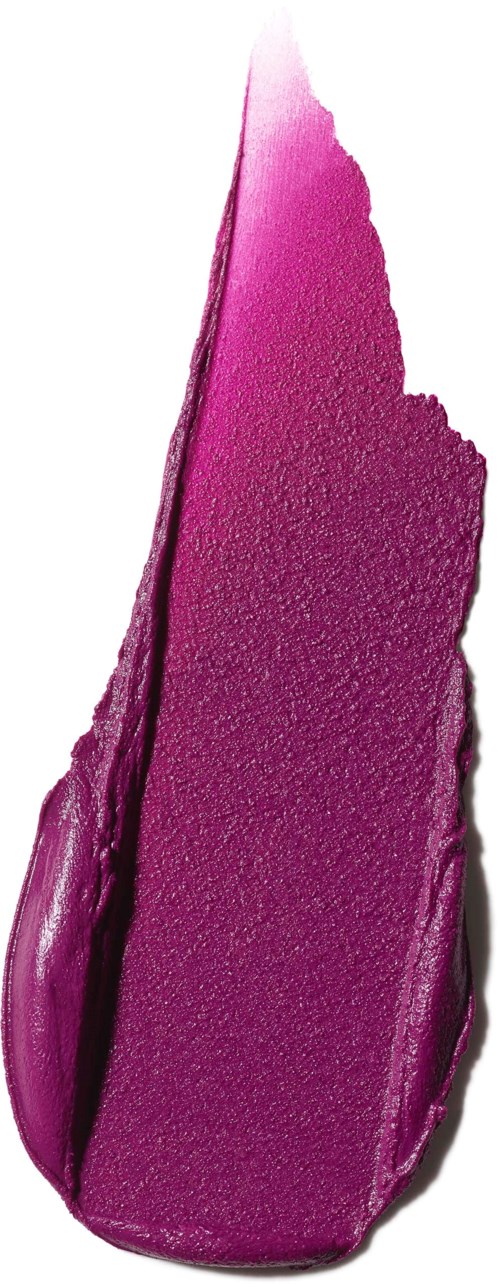 Een teststaal van paarse lippenstift met een glanzende, gladde textuur en een spits vorm.