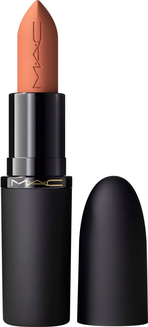 Een lipstick met een perzikkleurige punt en zwarte behuizing, zonder deksel, die de lipstick toont.