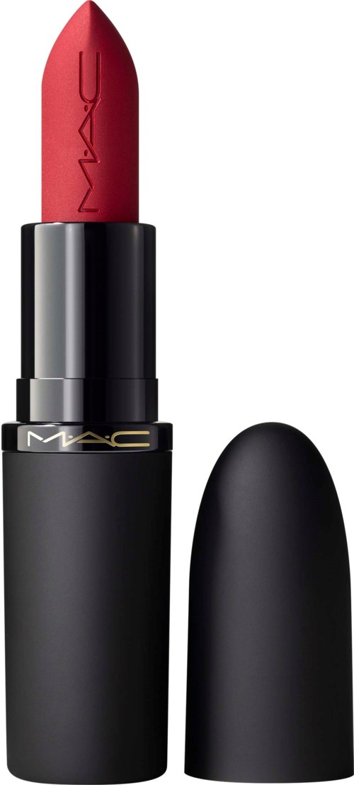 Een rode lipstick in een zwarte tube met een afneembaar deksel, staand rechtop.