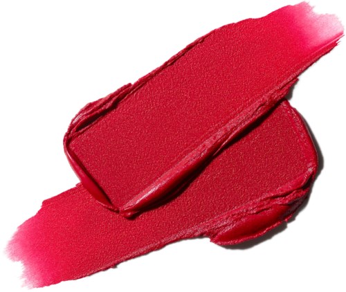 Een helderrode lippenstiftvlek met een lippenstift erboven.