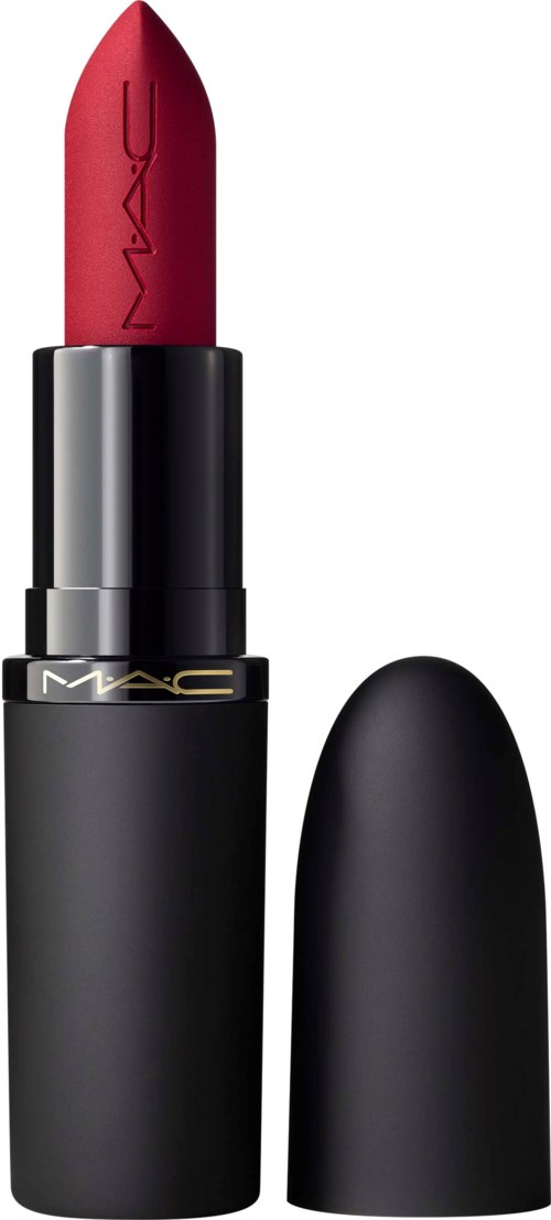 Rood lippenstift met zwart hoesje, strak en eenvoudig ontwerp.