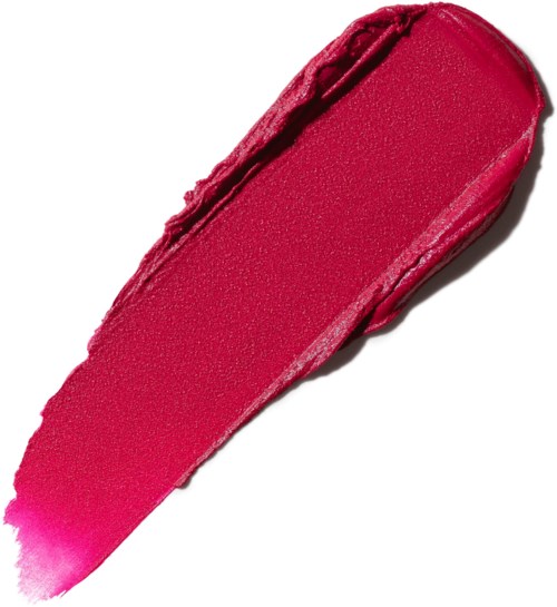 Een felroze lippenstiftstreek op een wit oppervlak.