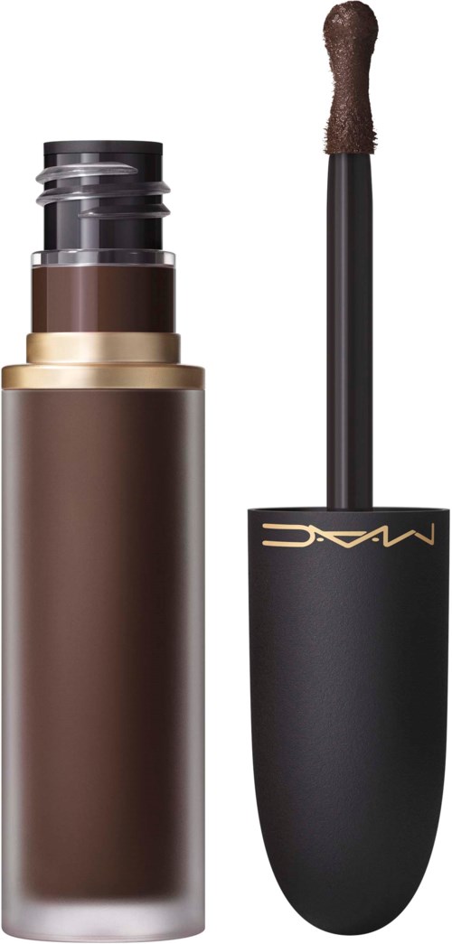 A liquid foundation bottle with a black cap and an applicator wand. The wand has a sponge tip for applying makeup.