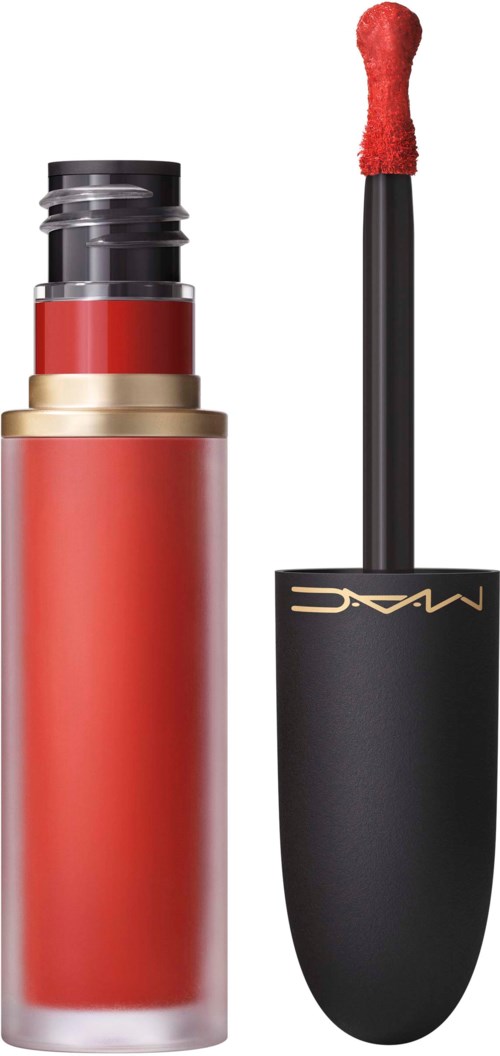 A lipstick tube with the cap removed, showing red lipstick and a separate black cap with a wand.