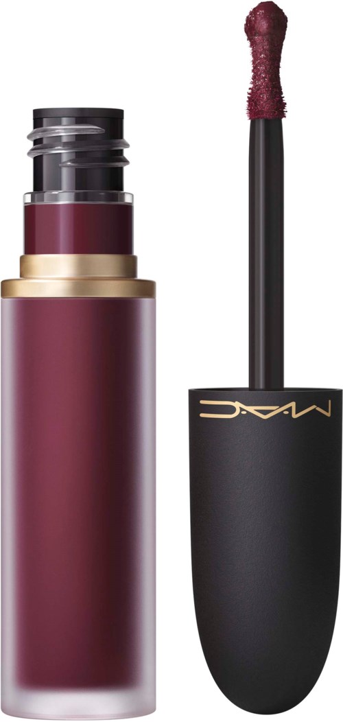 A lipstick tube in deep red color with the lid open, showing the applicator with red lipstick.