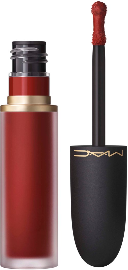 A red lipstick with gold accents and a black cap, with the lipstick wand next to it.